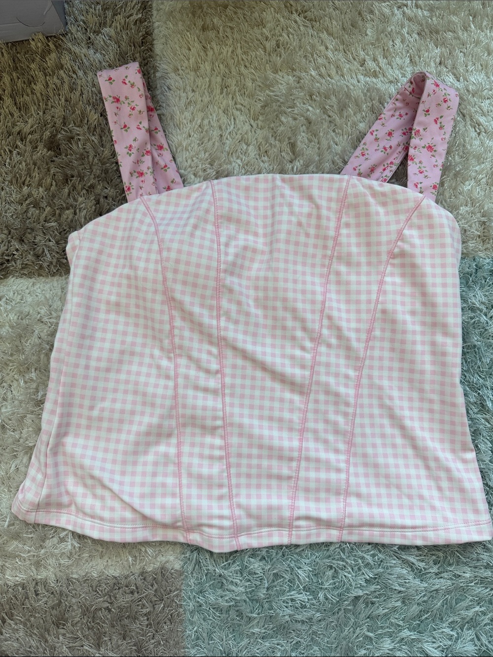Women’s Pink Gingham Bustier Pilates Yoga Athleisure Workout Top Floral - XL